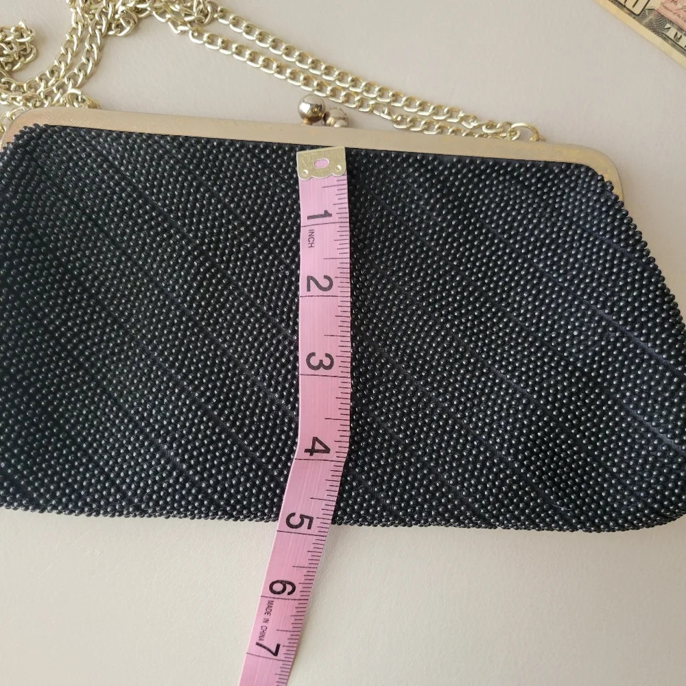 Vintage Beaded Black Clutch Bag Silver Chain Strap ~ 1960? ~ Made in Hong Kong - Picture 14 of 16